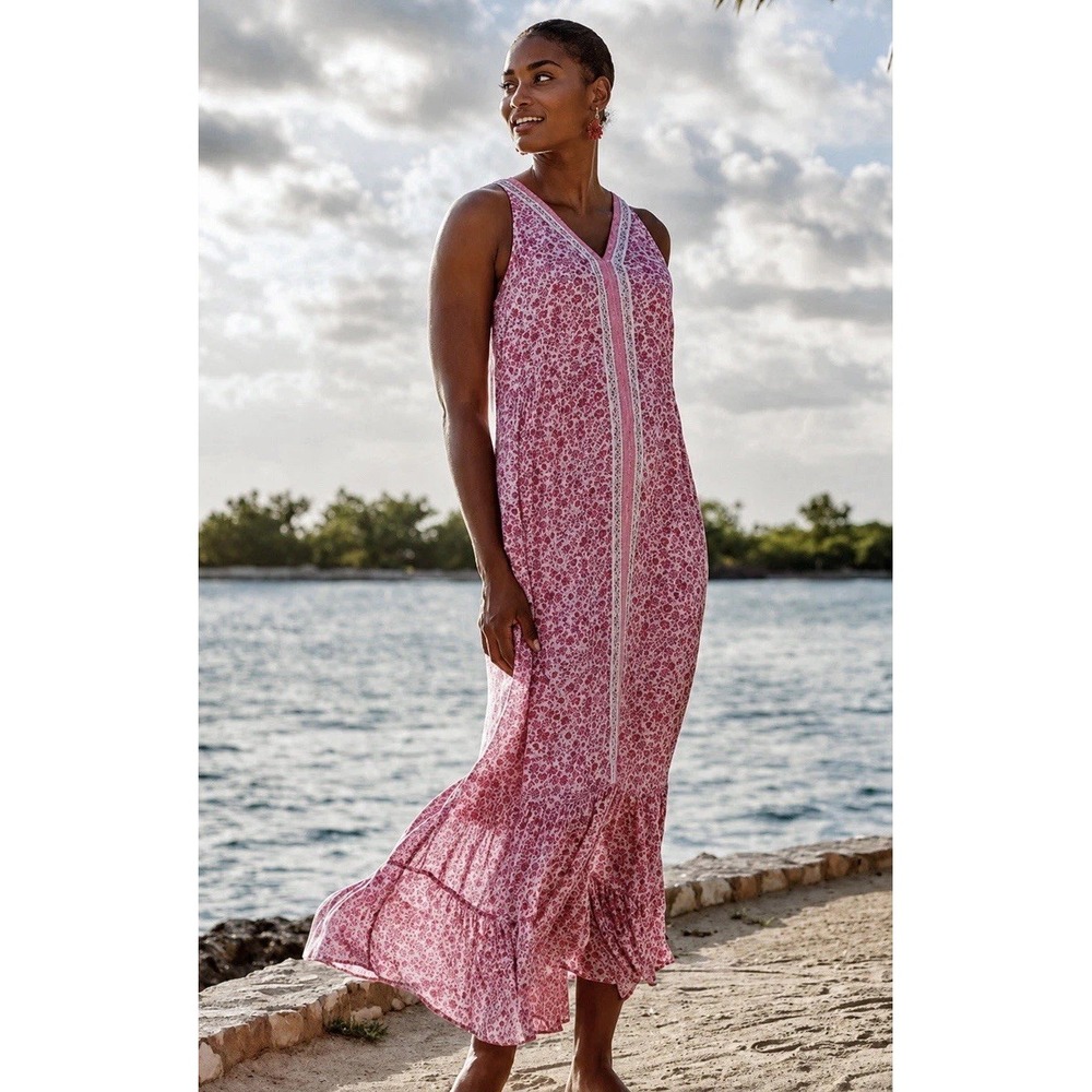 J.Jill Dress Womens Medium Pink Floral Sleeveless Maxi Ruffle Hem Boho Lined